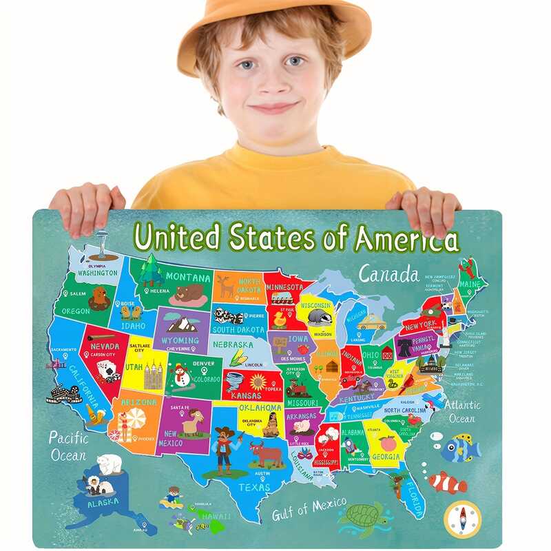 Wooden Puzzle Children, Learning Laser Cutting USA United States Map