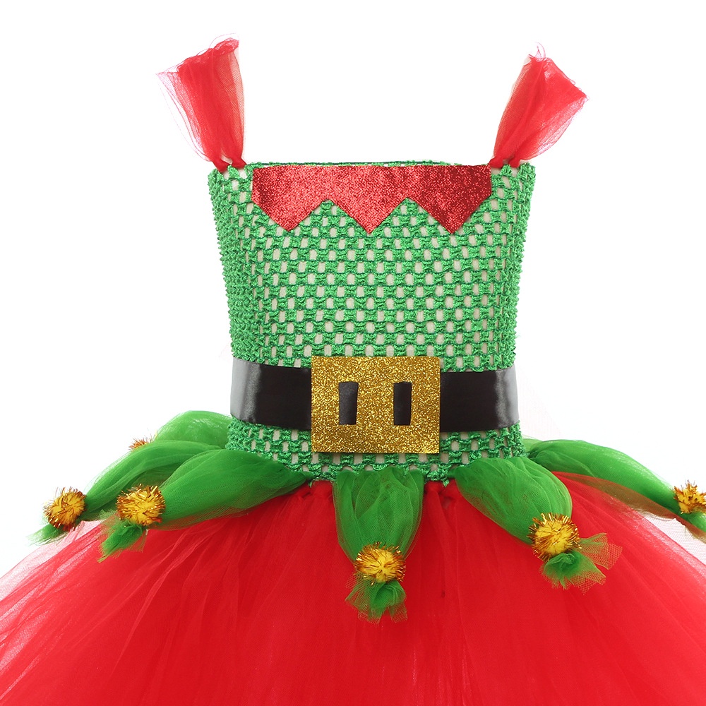 thumbnail image 2 of Kids Girls Elf Santas Helper Fancy Dress Costume With Tights - Christmas Outfit 2 of 5