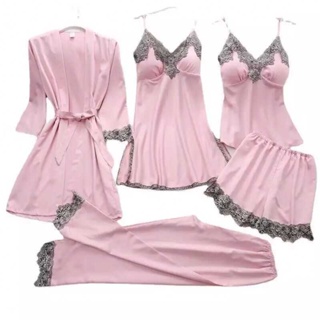 5Pc Silk Robe Sleep Suit Womens Lace Satin Pajamas Gown Set V-Neck