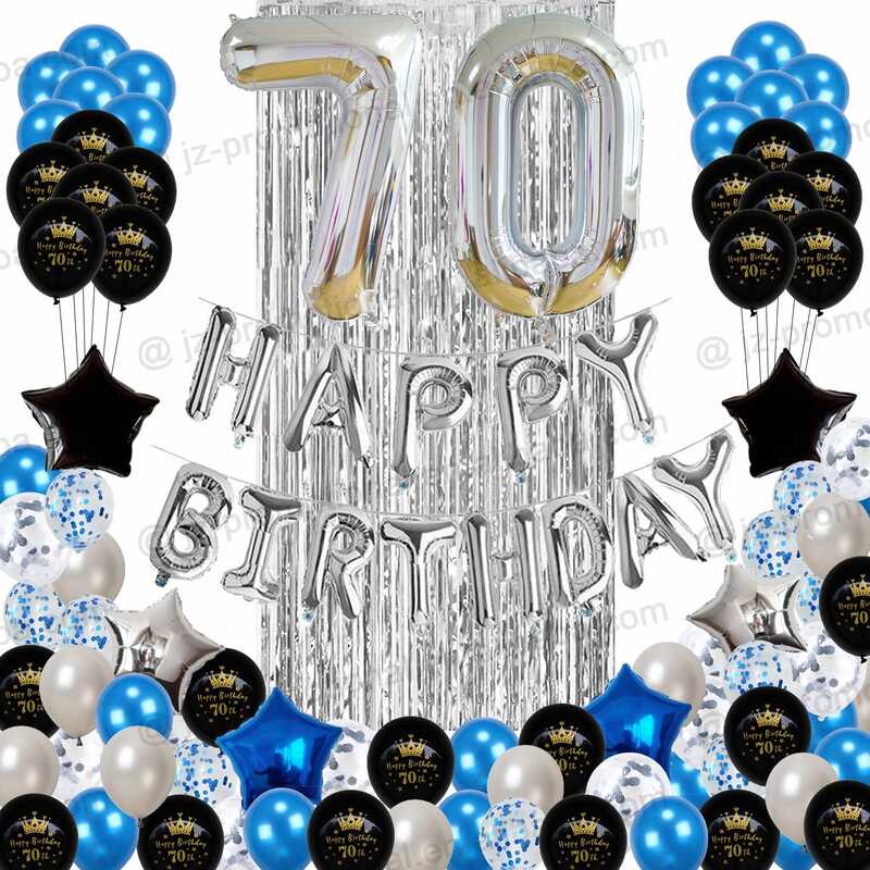 70th Blue Sier Happy Birthday Decoration Set Supplies Balloons Backdrop ...