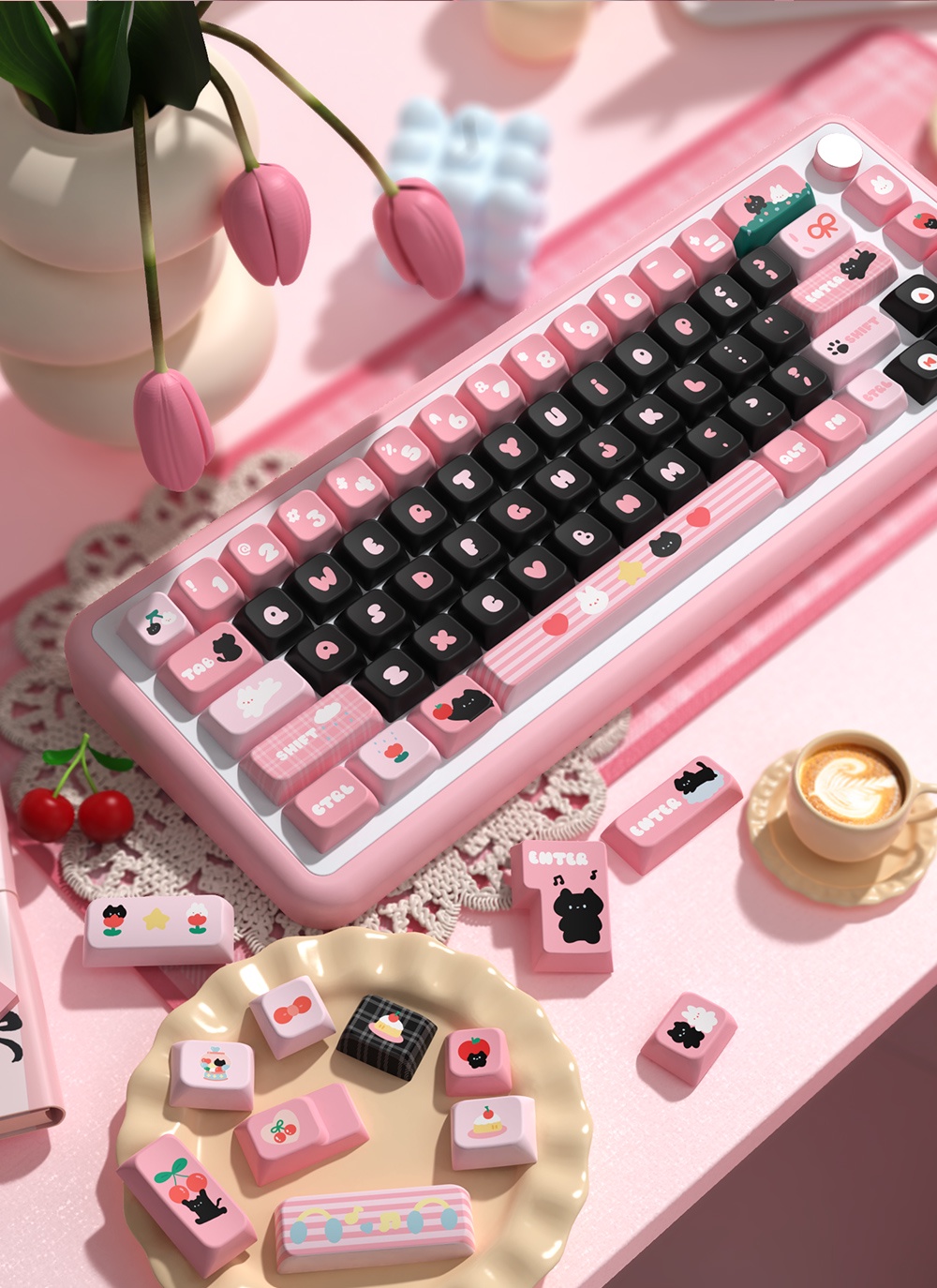 Little Black Cat Pink Cute Cartoon Original Theme Keycap MDA Highly ...
