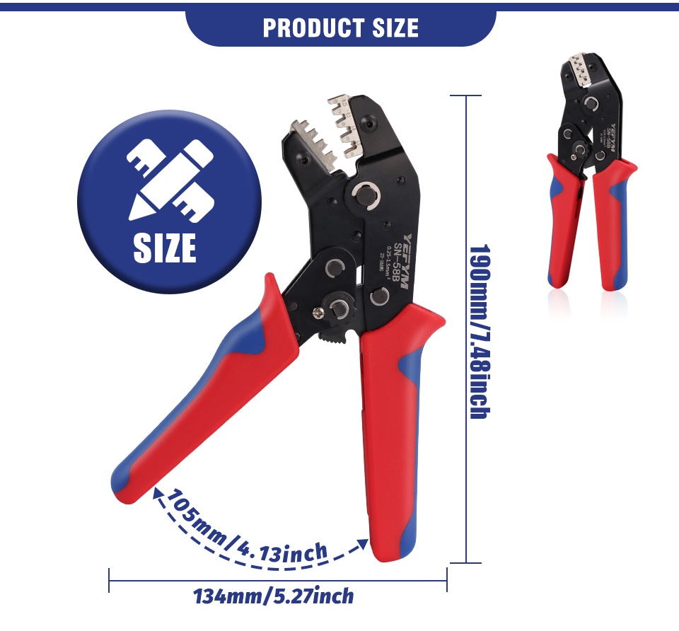 SN-58B Ratchet Crimping Pliers Tool | 0.25-1.5mm² / AWG24-16 | For Electrical Terminal Connector Kit | Crimper