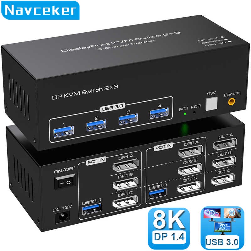 8K Triple Displayport USB 3. 0 KVM Switch 3 Monitors 2 Computer 4K