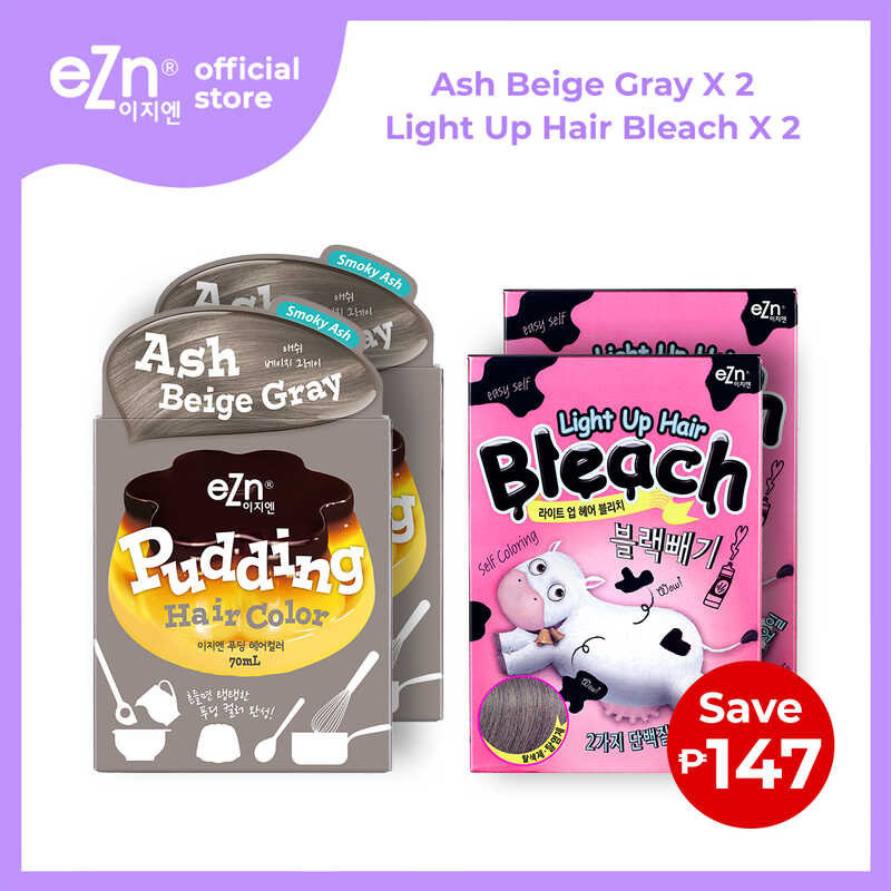 eZn Pudding Hair Color 2 pc Ash Beige Gray with 2 pc Light Up Bleach