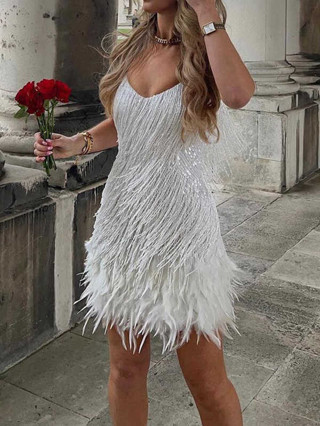 for Women UK Sequin Mini Feather Tassel Dresses Ladies tail Club Party ...