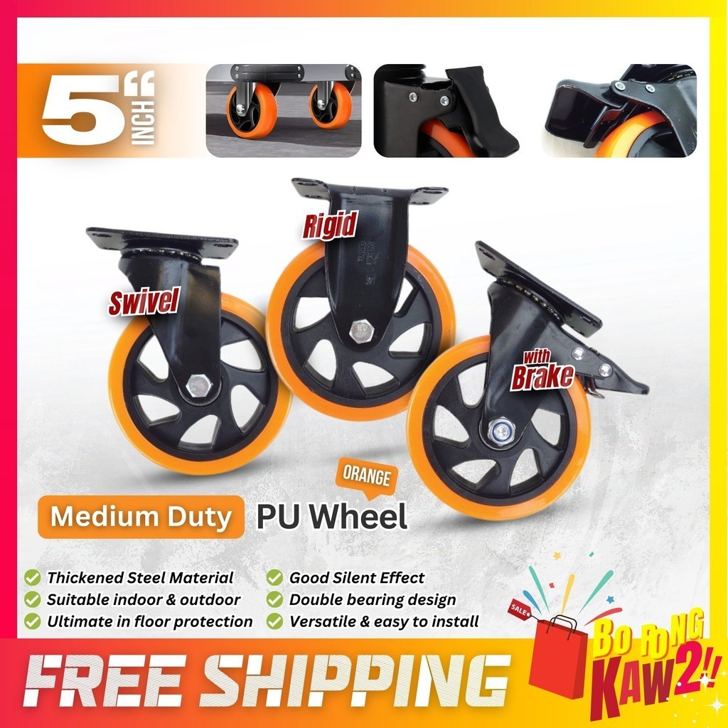 MEDIUM DUTY 5 INCH Caster PU Wheel Orange Rigid Swivel With Brake 360 ...