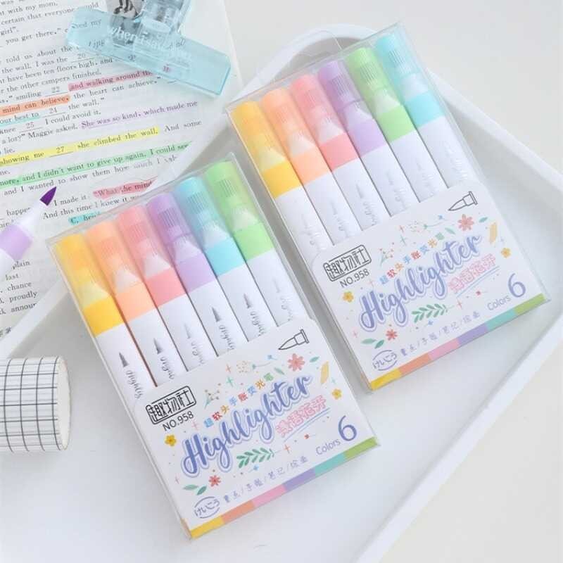 6 Colors Pastel Color Highlighter Pen Set Brush Fluorescent Markers ...