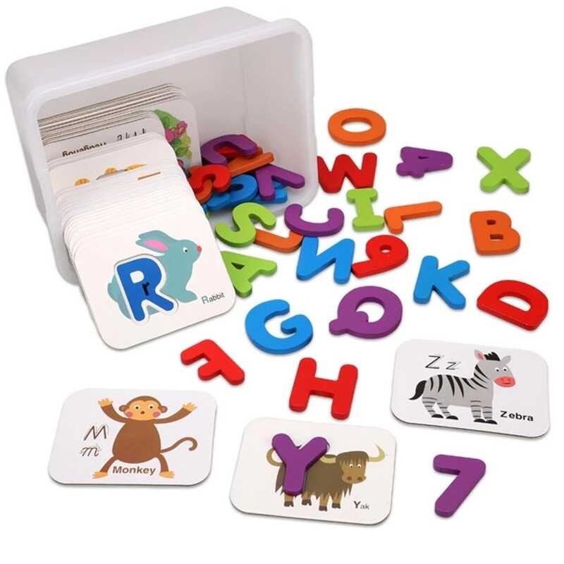 ABC Wooden Numbers And Alphabets Flash Cards Set For Kids Animal Card ...