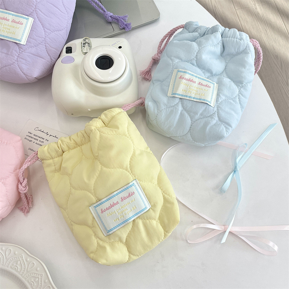 Quilted Cotton Heart Drawstring Camera Bag Simple Striped Polaroid ...