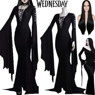 Morticia Addam Halloween Witch Ghost Costume Gothic Floor Train Dress  Vampire Vintage Lacing Gown Robe For Women Plus Size