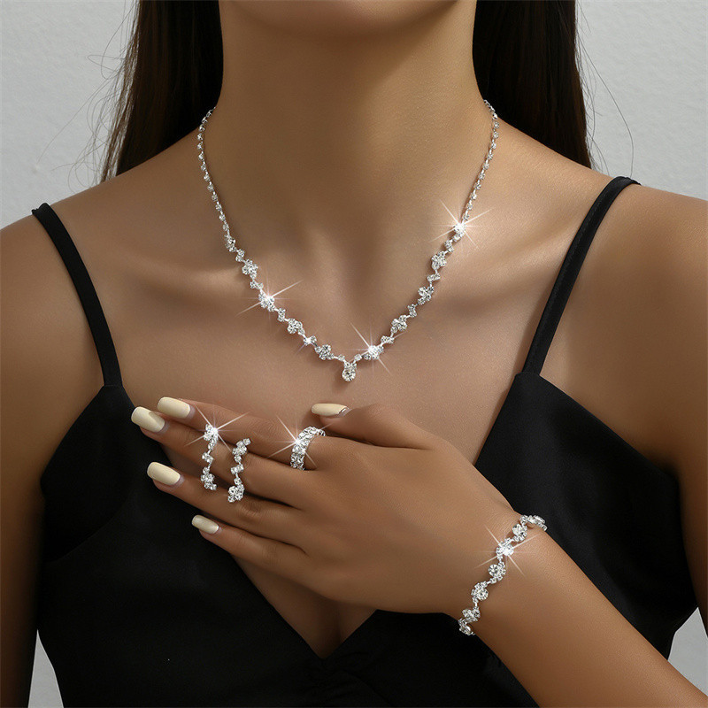Women's Jewelry Set Rhinestone Necklace Earrings Bracelet Ring Wedding  Dress Accessories