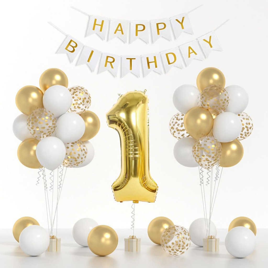 1st Birthday Balloon Set Happy Birthday Banner 12" Metallic Confetti ...