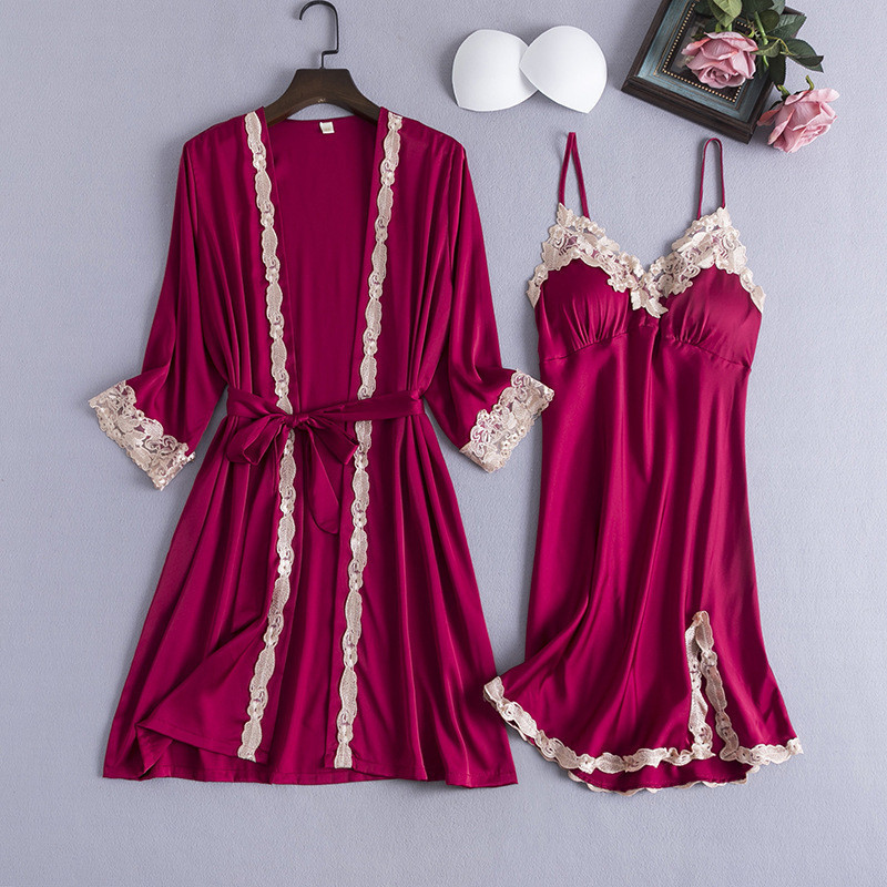 Ice Silk Lace Sexy Women Robe Set With Chest Pad V-Nec Nightwear ...