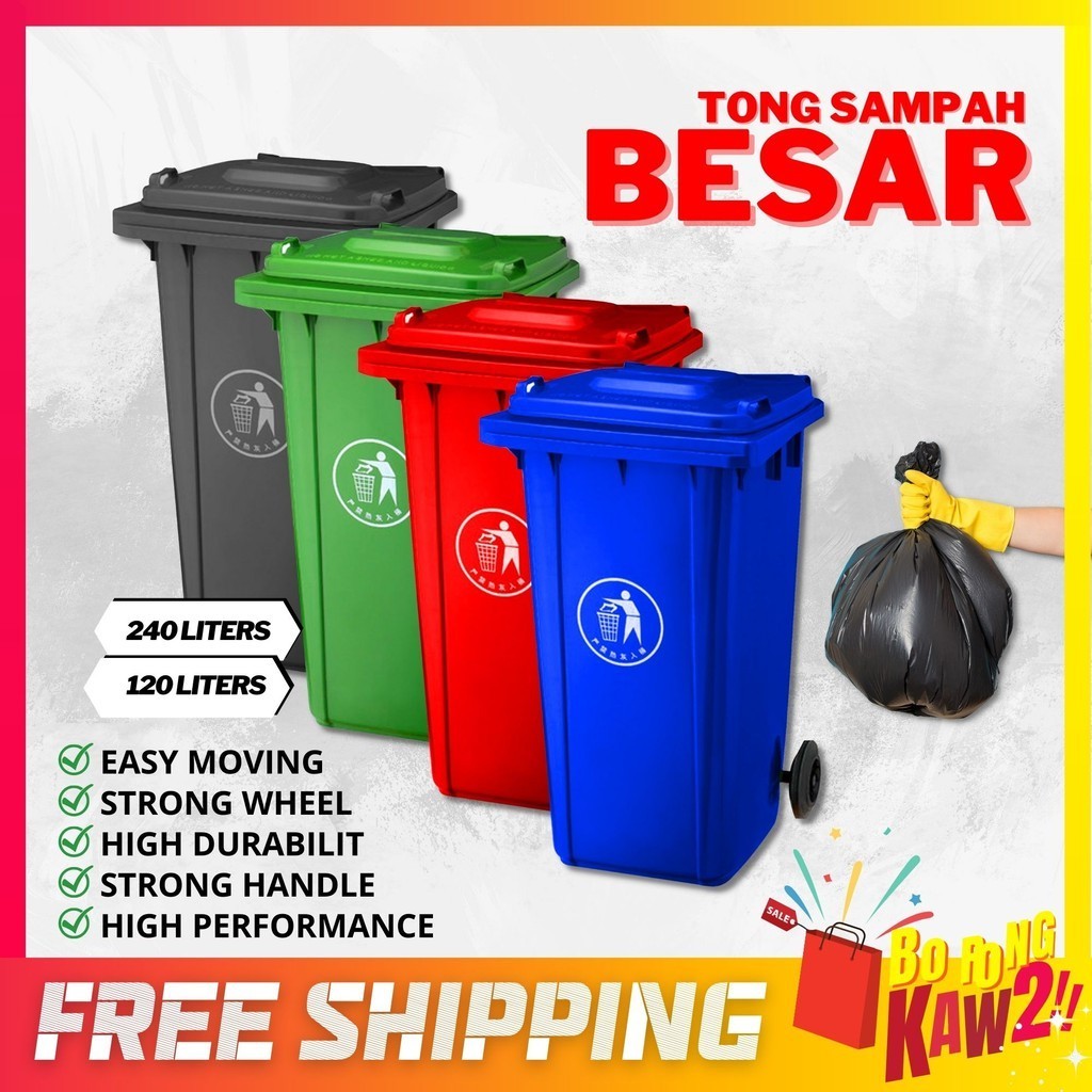 Tong Sampah Besar Bertutup 240L 120L Indoor & Outdoor Heavy Duty ...