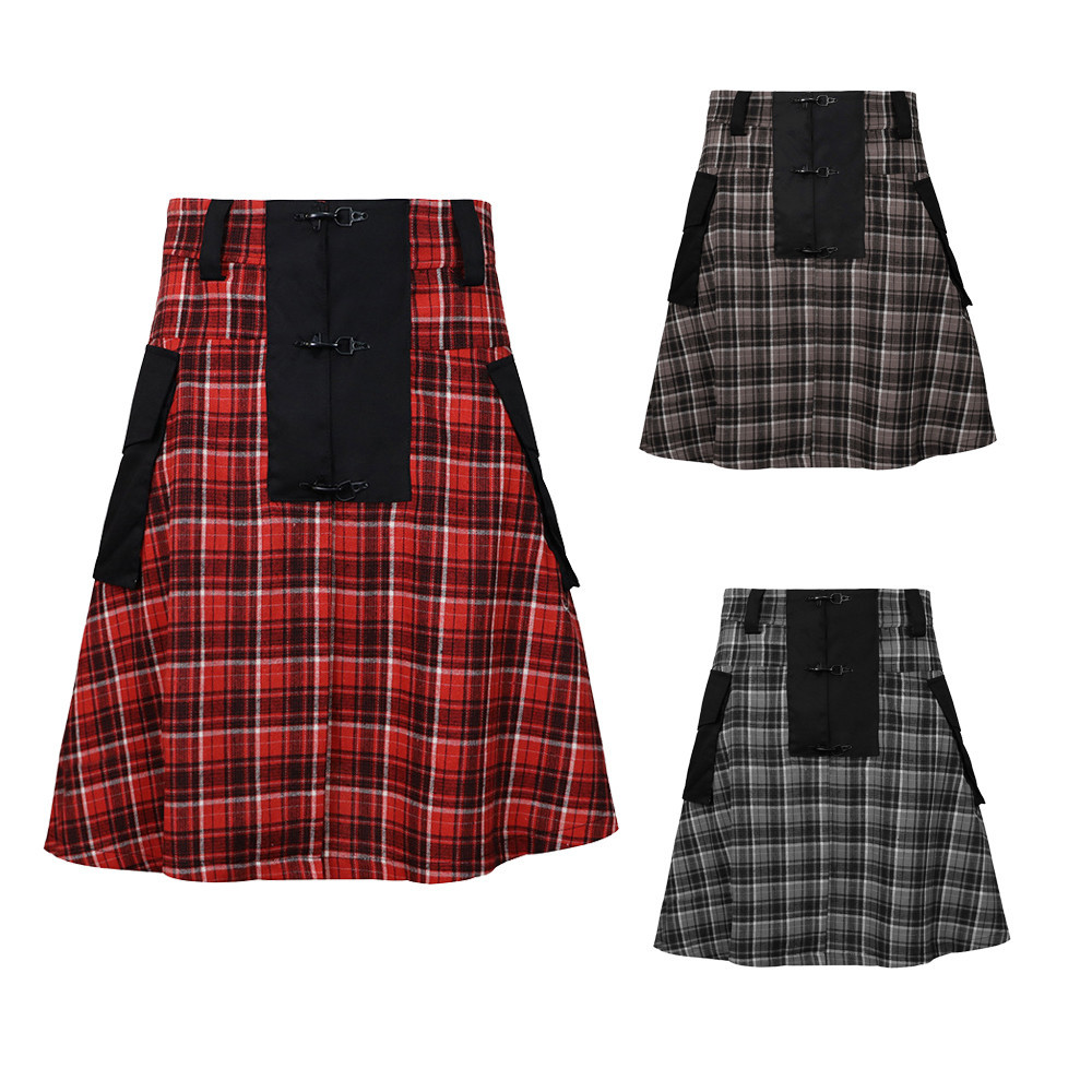 Polyester Cotton Crossed Bandage Kilt Men Red Plaid Dark Goth Knight ...