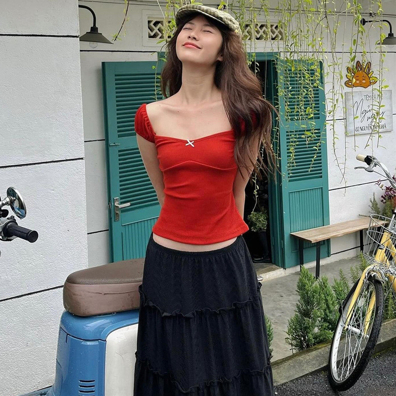 SweeticMe Women's Tops 2024 New Fashion Square Neck Puffed Sleeve Sexy ...