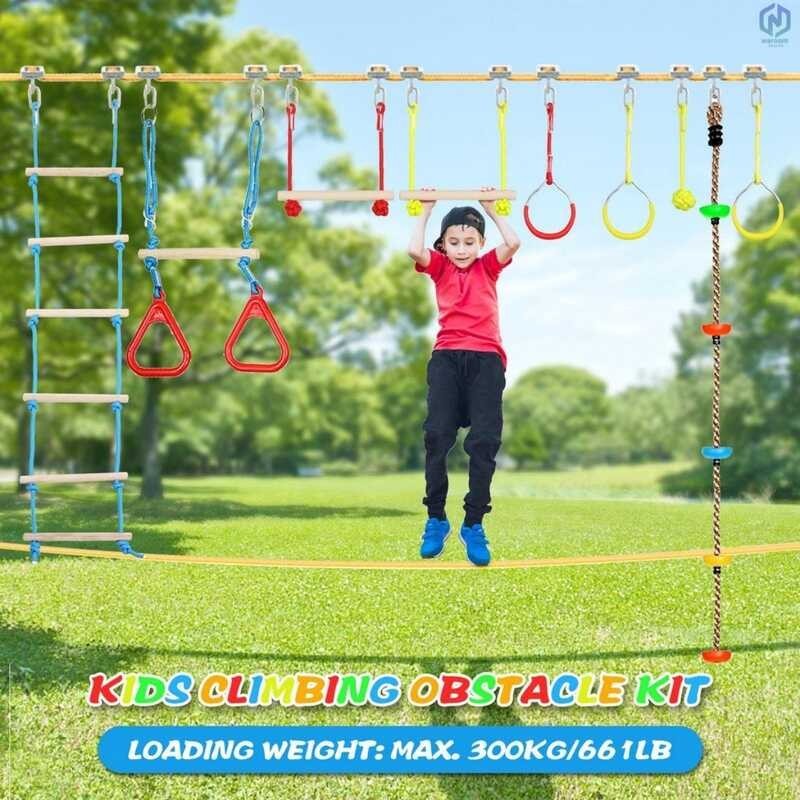 Kids Obstacles Hanging Training Slackline Kit Child Fitness Monkey Bars ...