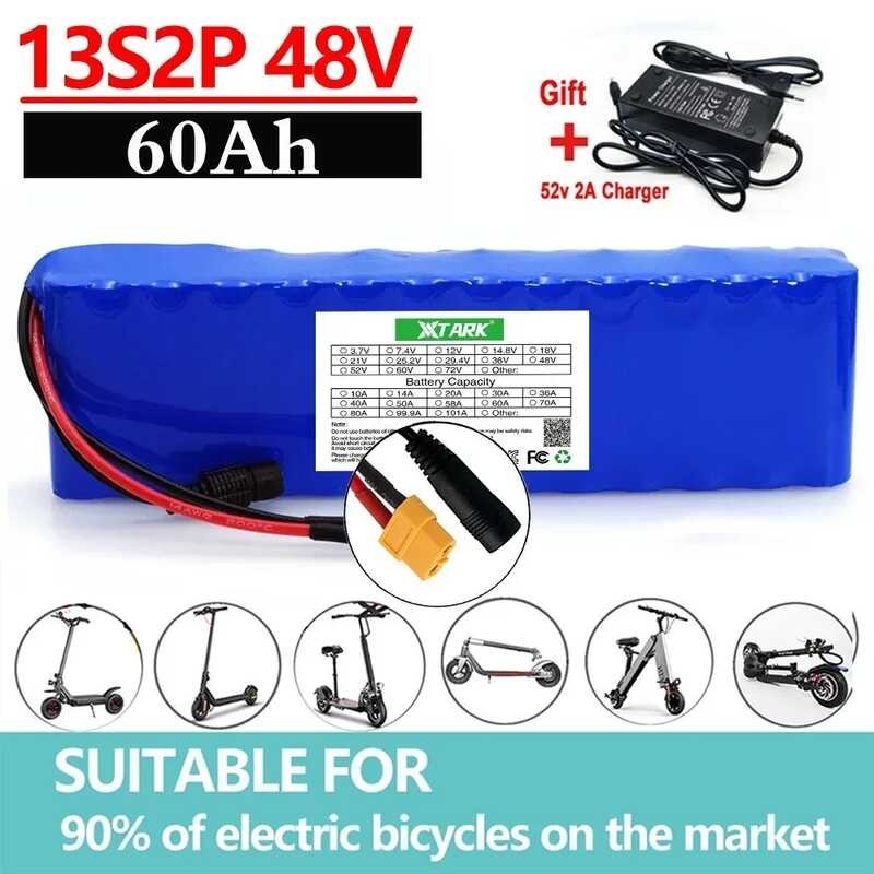 48V 20Ah Lithium E-Bike Battery Pack - 13S2P For 1000W Conversion Kits With XT60 Charger