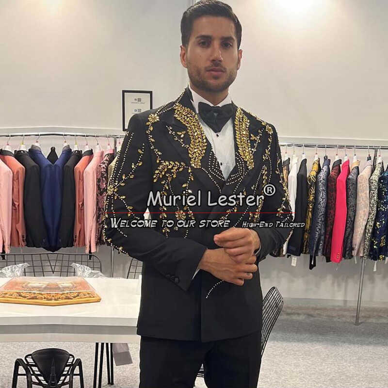 Men's Tuxedos Gold Crystals Beaded Jacket Pants 2 Pieces Formal 