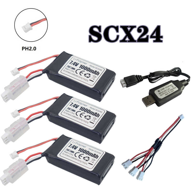 Batterie LiPo 7,4V 1100mAh 2S 30C Avec Chargeur 2 En 1 - Pour Voitures RC 1/10, 1/16, 1/18, 1/24 - Prise PH2.0