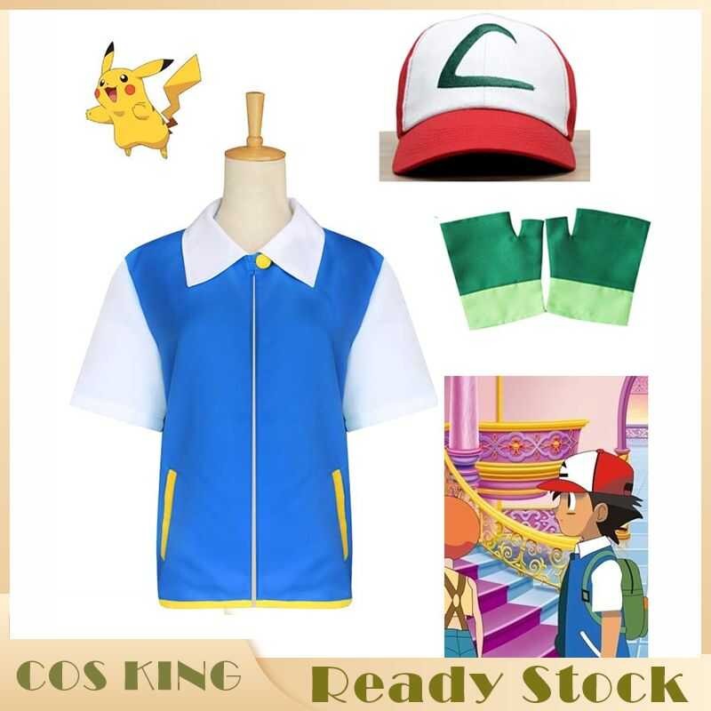 LY Anime Cosplay Ash Ketchum Cosplay Costume Blue Jacket Hat Gloves ...