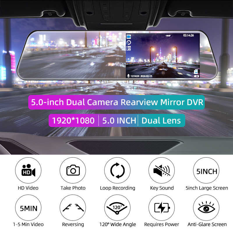 5 Inch Driving Recorder Car DVR Rearview Mirror Dual Lens Car Recorder ...