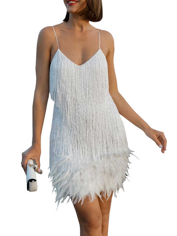 for Women UK Sequin Mini Feather Tassel Dresses Ladies tail Club Party ...