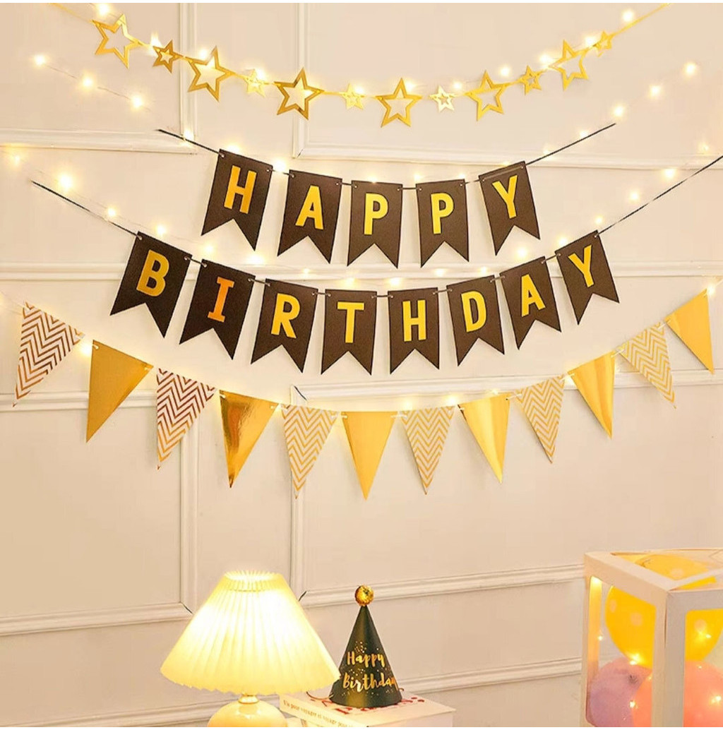 Happy Birthday Banner Party Decorations Set with Light Star Triangle ...