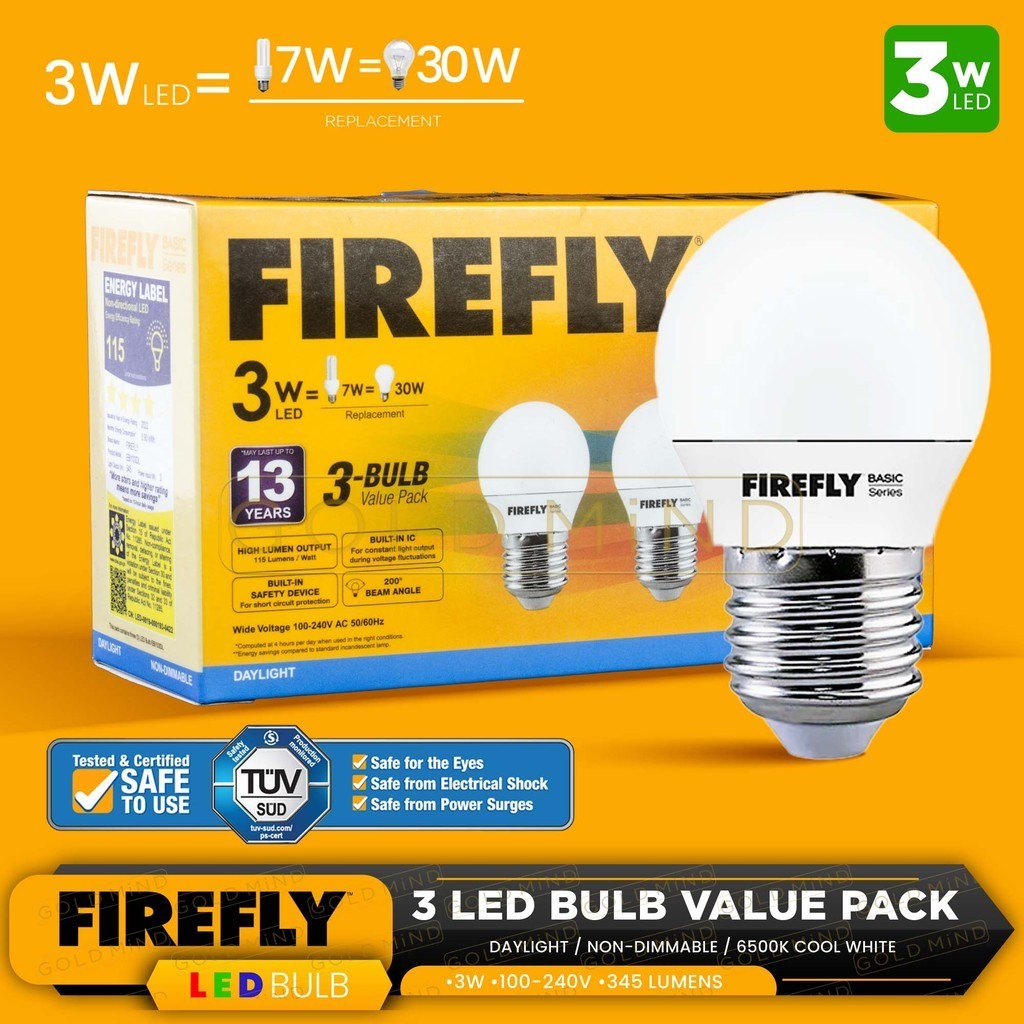 Firefly Basic Series 3 PCS-LED Bulb Value Pack ( DAYLIGHT) Non-Dimmable ...