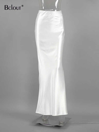Bclout Autumn Satin White Long Skirts Women Elegant Office Lady High ...