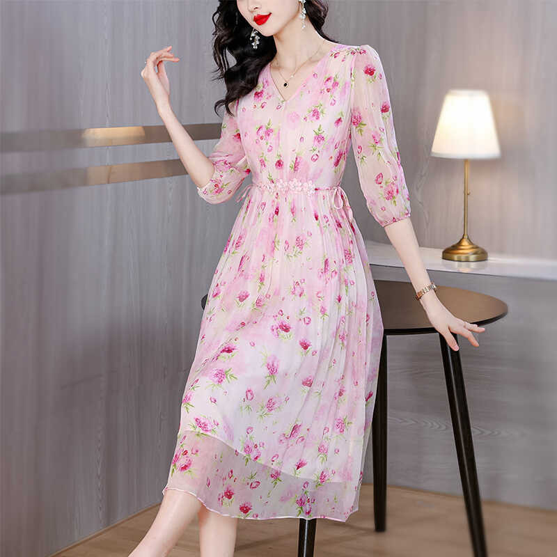 Pink Whitening Pineprint Mulberry Silk Dress Na May Waist Wrapped ...