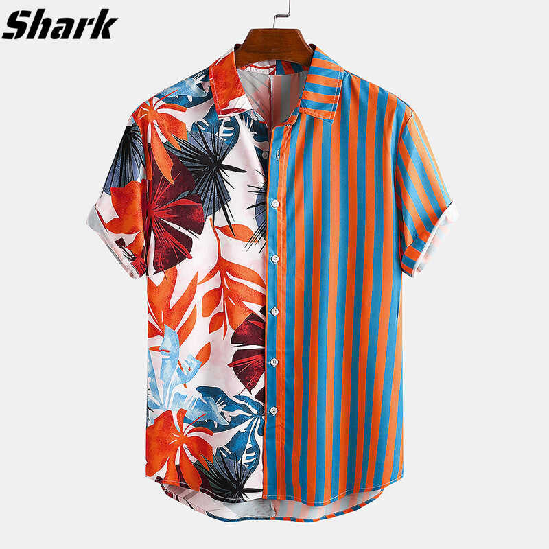 々 Hawaiian Men's Shark Shirt Shorts Striped Floral Stag Hawaii Party ...
