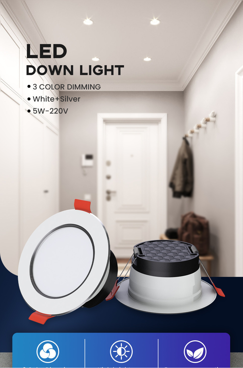 RONG RIVER 10PCS 5W Pin Light LED Ceiling 3 Color Recessed Downlight ...
