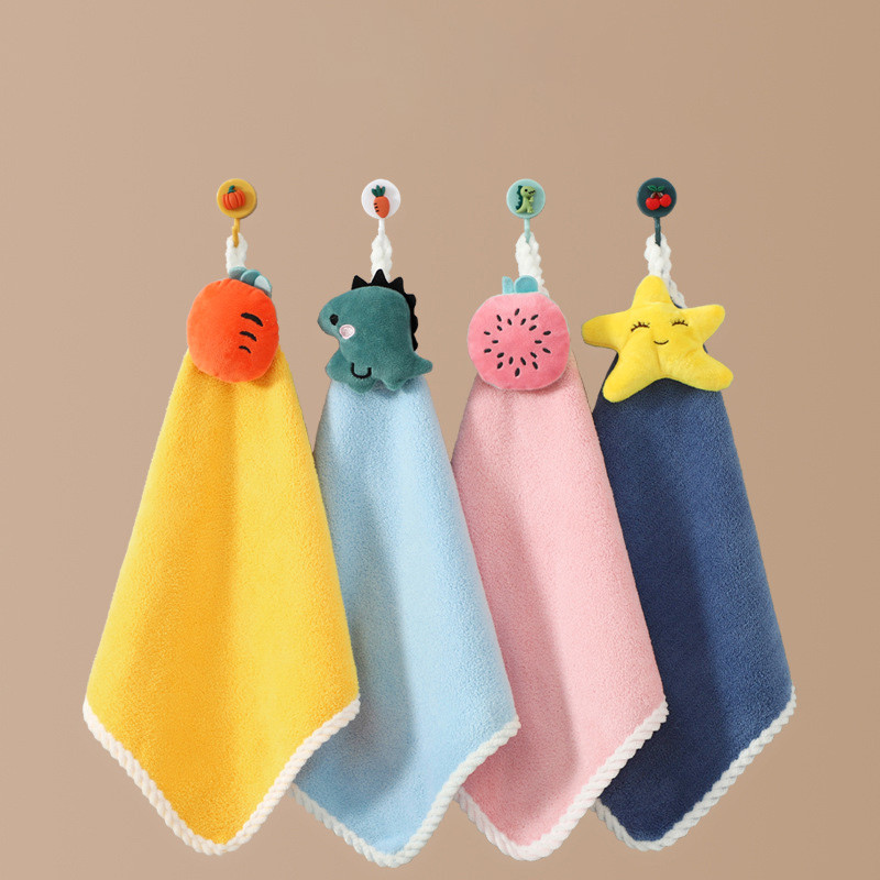 Microfiber Cute Cartoon Hanging Hand Towel Coral Fleece Soft Absorbent ...