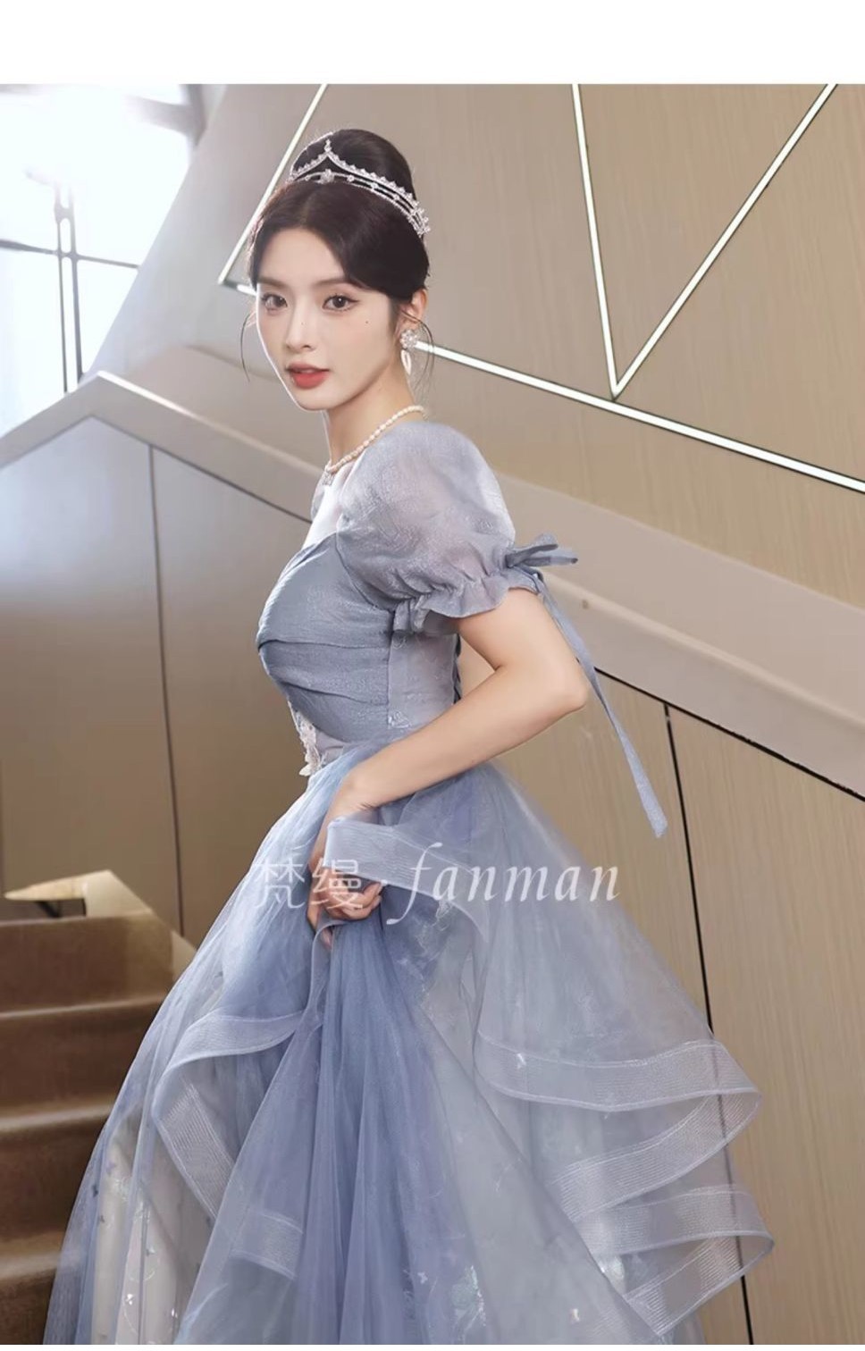 Hawlife Korean Blue Floral Puff Sleeve Evening Prom Banquet Debut Ball ...