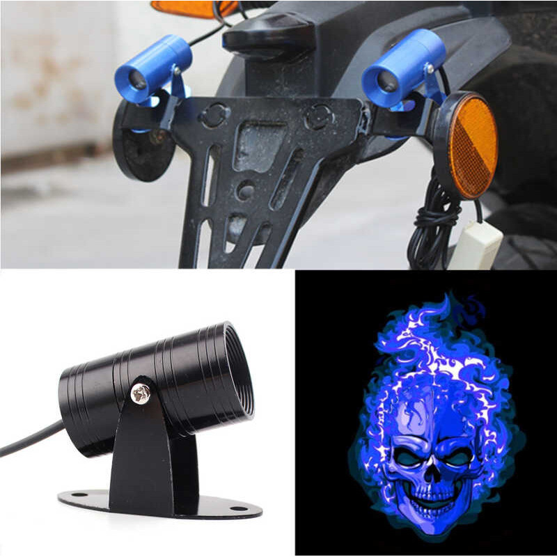 2X Blue Skull LED Motorcycle Flaming Rider Laser Ghost Shadow Spotlight ...