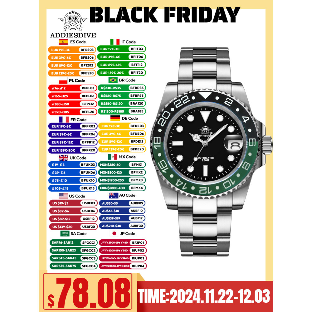 ADDIESDIVE Man Dive Watch Ceramic Ring C3 Super Luminous 200M ...