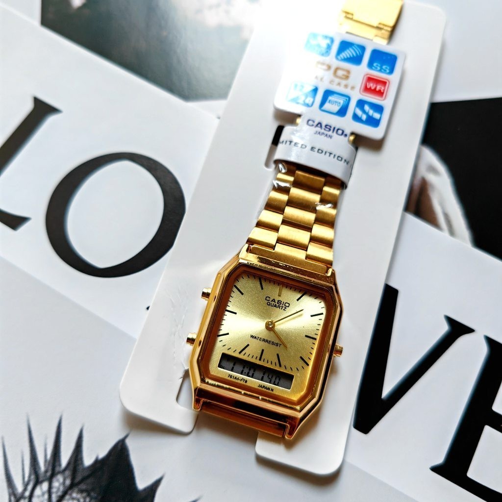 ( 2 YEARS WARRANTY ) Vintage AQ-230 Gold/Black/Silver Stainless Strap ...