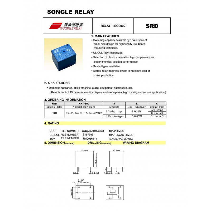 24Vdc 250 VAC Power Relay PCB Type T73-24V 5 Feet Srd-24Vdc-Sl-C 10A ...