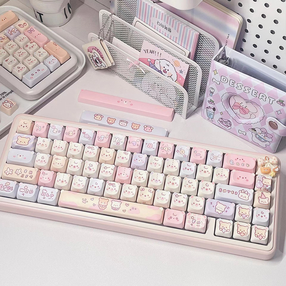 【Unique Bear Head Design】Creative Pink Keycaps EAO Profile Five Sides ...
