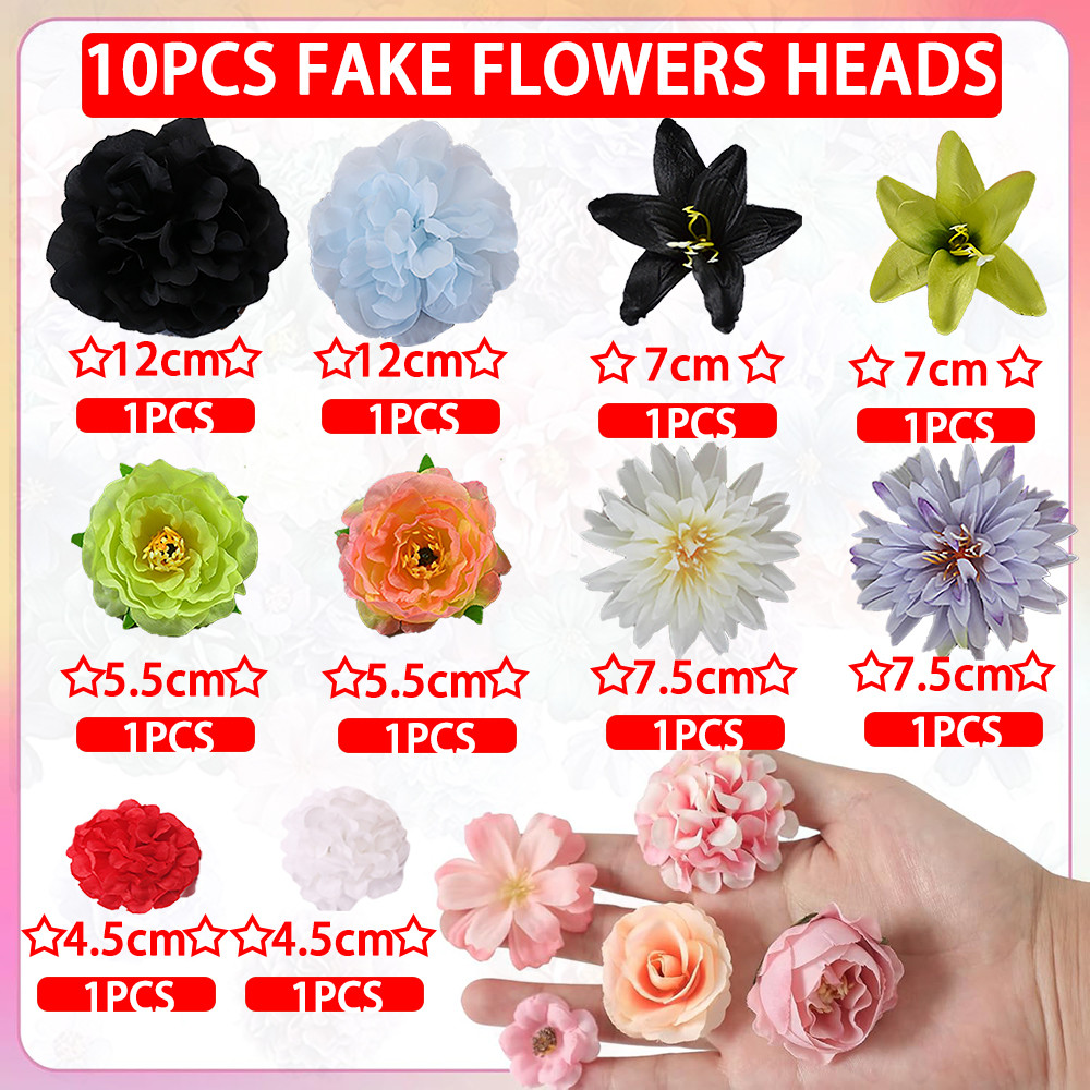 10Pcs/Set Fake Flower Heads For Crafts Mini Silk Flower Heads Faux Rose ...