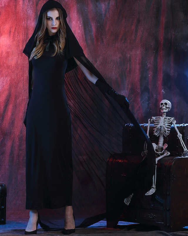 Death's costume, female horror cosplay, black long dress, cloak, full ...