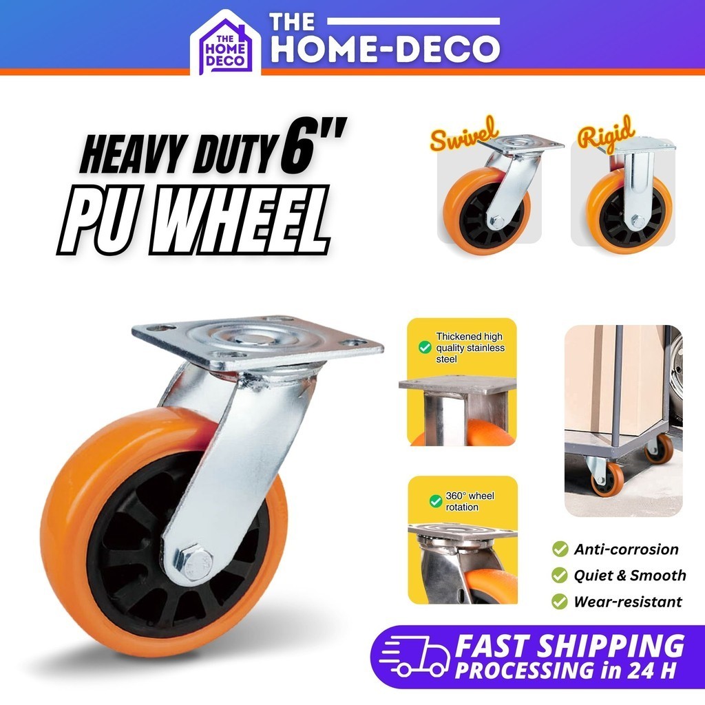 6in / 150mm Heavy Duty PU Wheel Caster Swivel Rigid Rubber Wheel Quiet ...