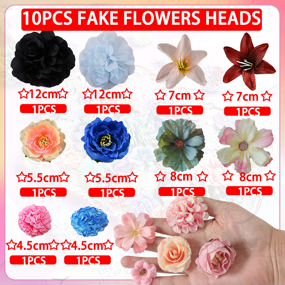 10Pcs/Set Fake Flower Heads For Crafts Mini Silk Flower Heads Faux Rose ...