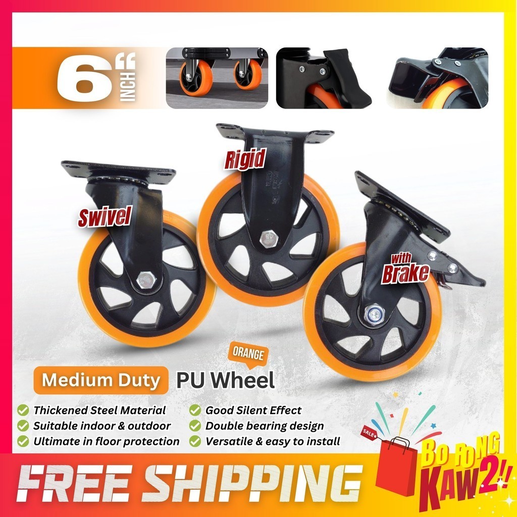 MEDIUM DUTY 6 INCH Caster PU Wheel Orange Rigid Swivel With Brake 360 ...
