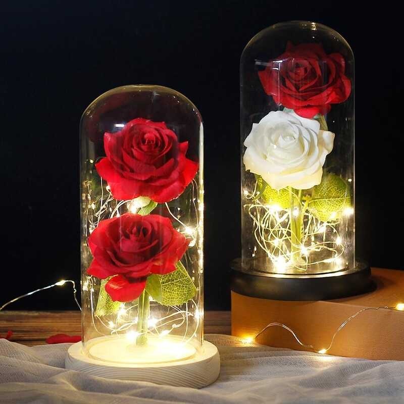 LED Eternal Flower Double Rose Sa Dome Light Up Beauty At The Beast ...