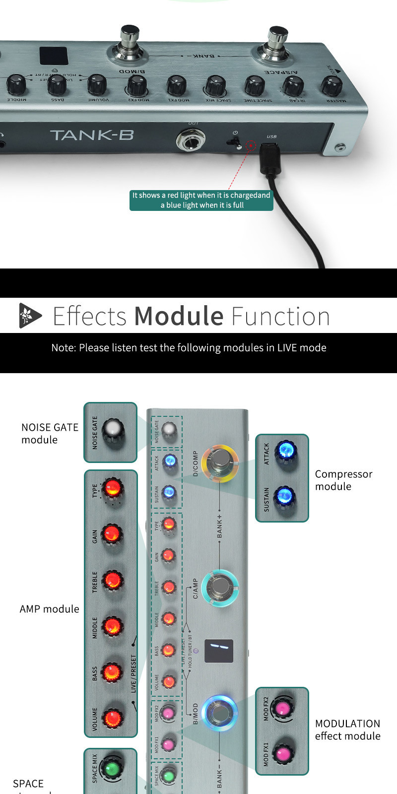 M-VAVE Tank-B BASS Multi-Effects Pedal Rechargeable 36 Presets 9 Preamp ...