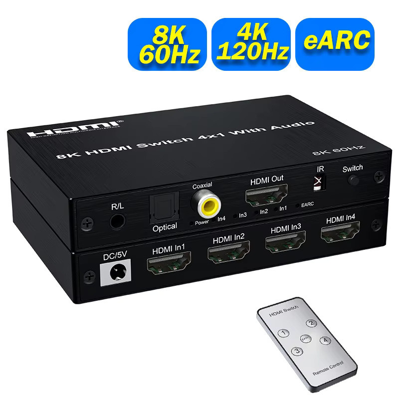 8K 60Hz HDMI Switch 4 in 1 out with eARC Audio Extractor 4K 120Hz HDMI ...