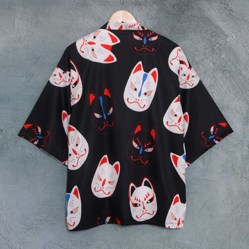 LY Japanese Kimono Yukata Samurai Kimono Man Cat Print Shirt Clothing ...