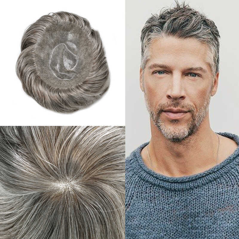 Grey Hair Mens Toupee Full Poly Injection PU Hair Replacement Male Wig ...